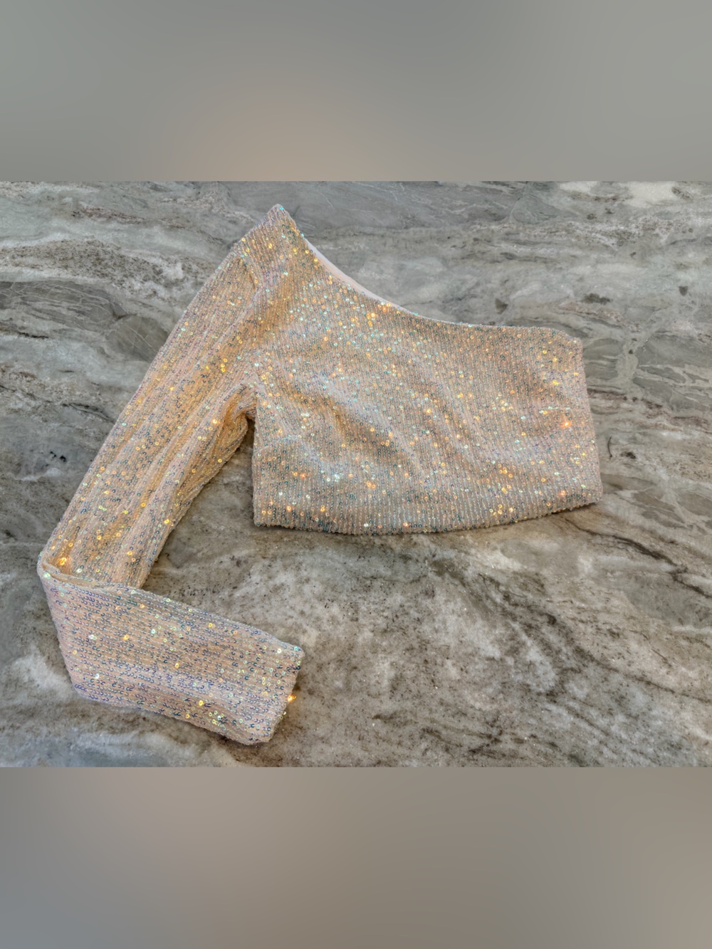 Adika Small Champagne Iridescent Sequin Long Sleeve Crop Top Party Clubwear